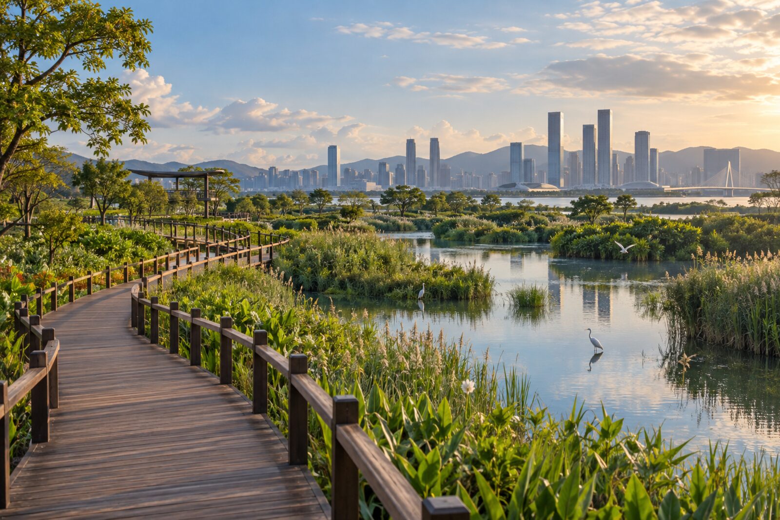 芒洲濕地公園木棧道、濕地植物與水鳥的景觀示意相片