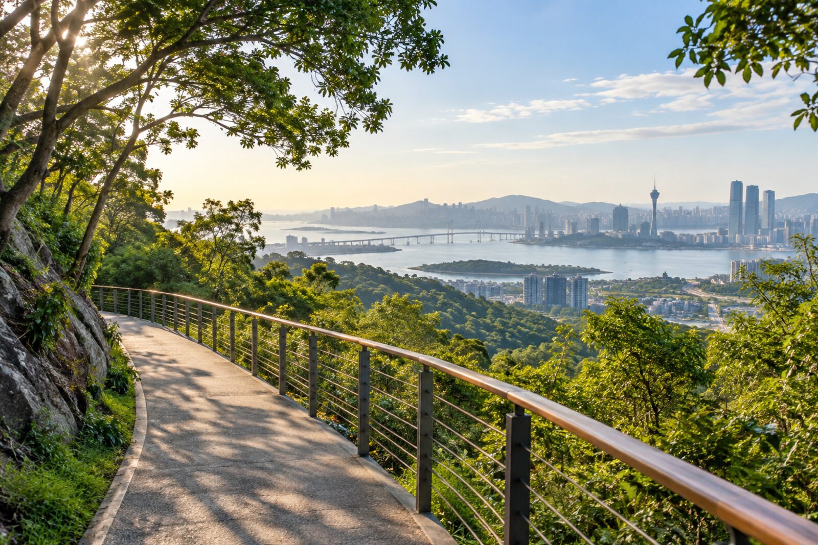 小橫琴山綠道穿過樹林並遠眺琴澳城市與海灣的景觀示意相片