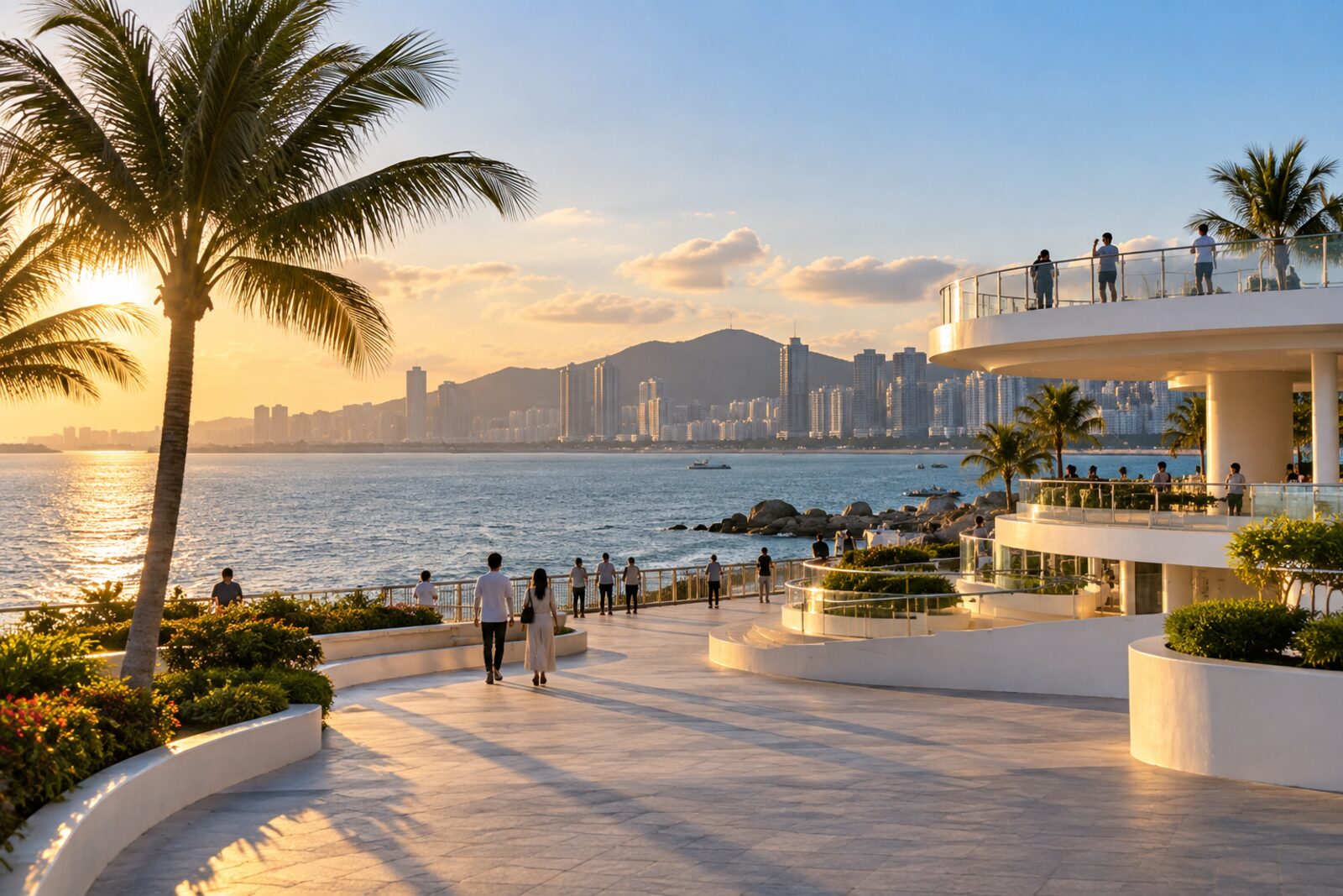 珠海城市陽台的白色觀景平台、海濱步道與夕陽景觀示意相片